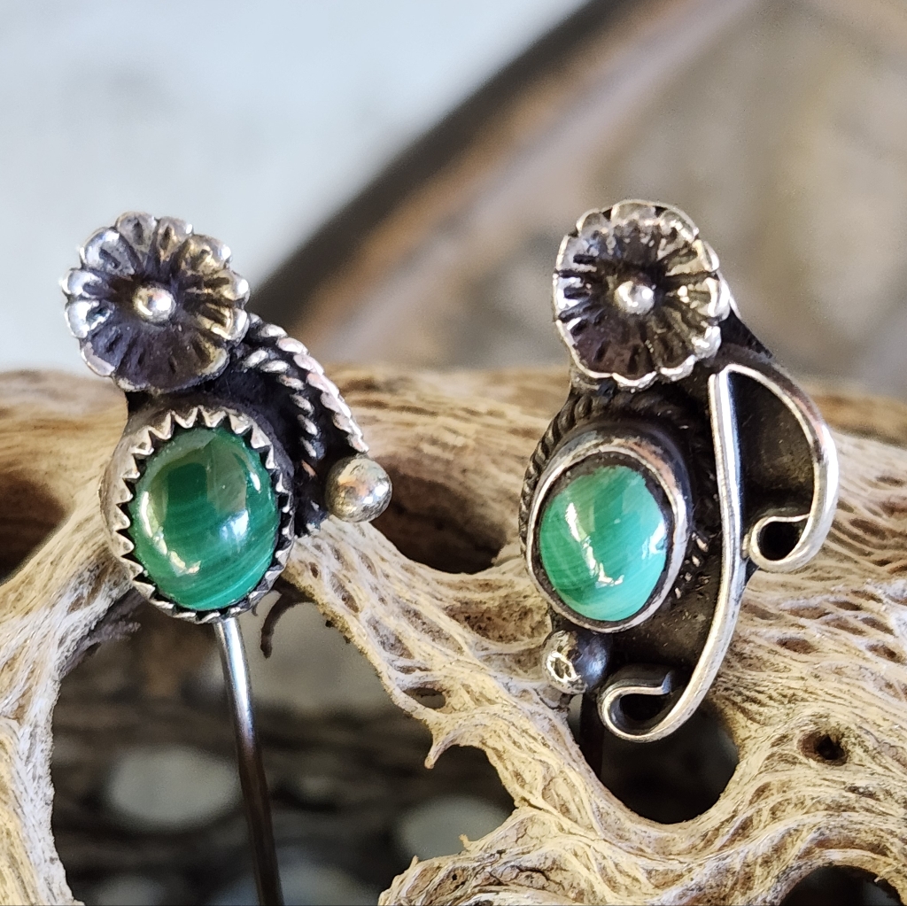 Sterling Silver Set Of 2 Vintage Malachite Stick Pin Set